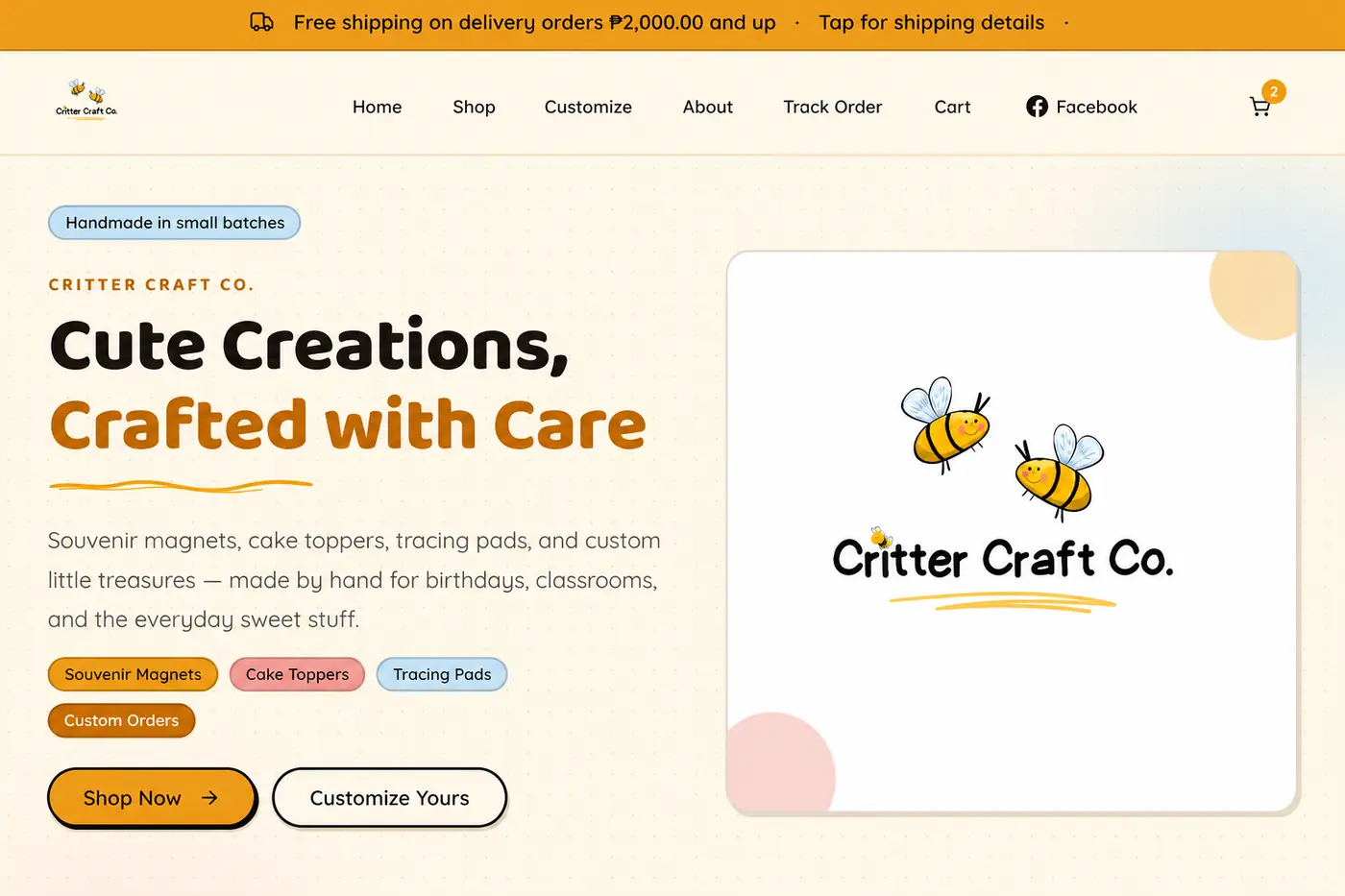 Critter Craft Co. shop page with handmade products, cart, and custom order options