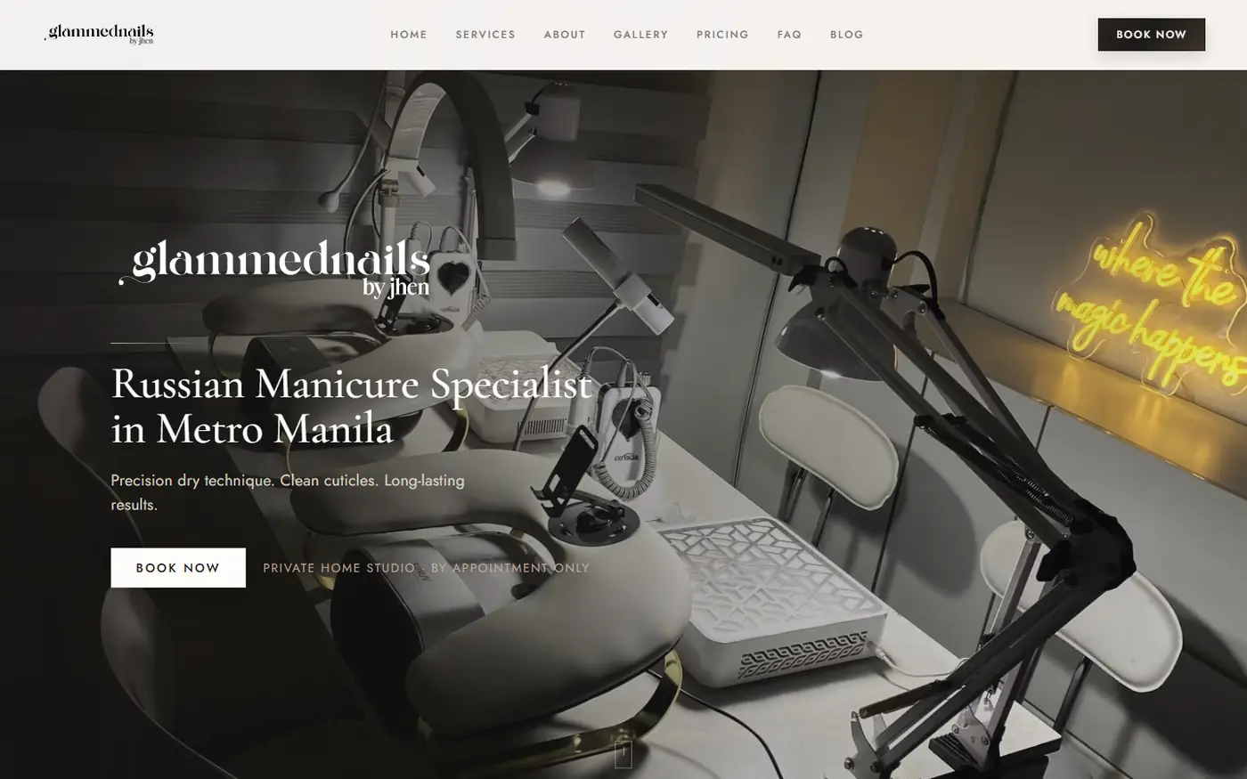 Glammed Nails homepage hero with studio photo and Book Now