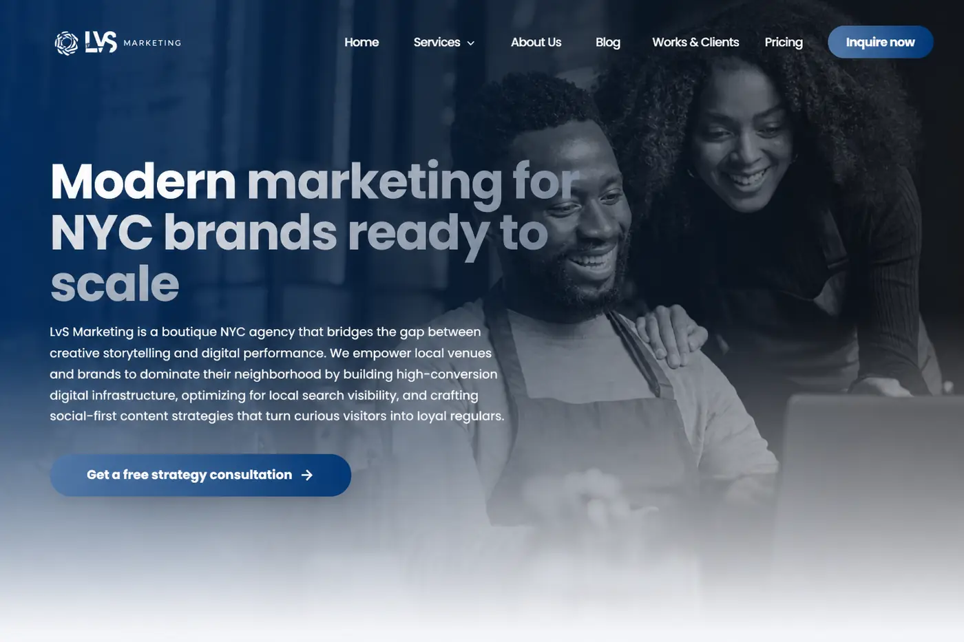 LVS Marketing website homepage with services and a contact path on desktop